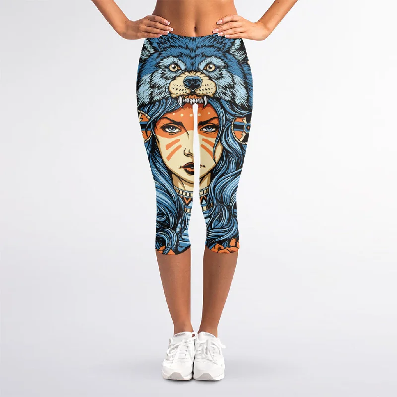 Native American Wolf Girl Print Women's Capri Leggings Elegant Shiny Black Leggings