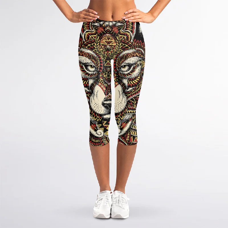 Native American Wolf Spirit Animal Print Women's Capri Leggings Chic Velvet Soft Leggings