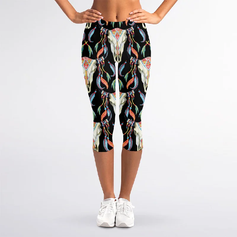 Native Buffalo Pattern Print Women's Capri Leggings Trendy Ombre Effect Leggings