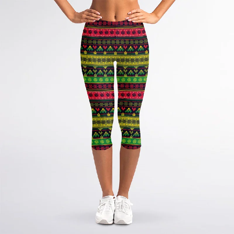 Native Indian Tribal Pattern Print Women's Capri Leggings Elegant Satin Finish Leggings