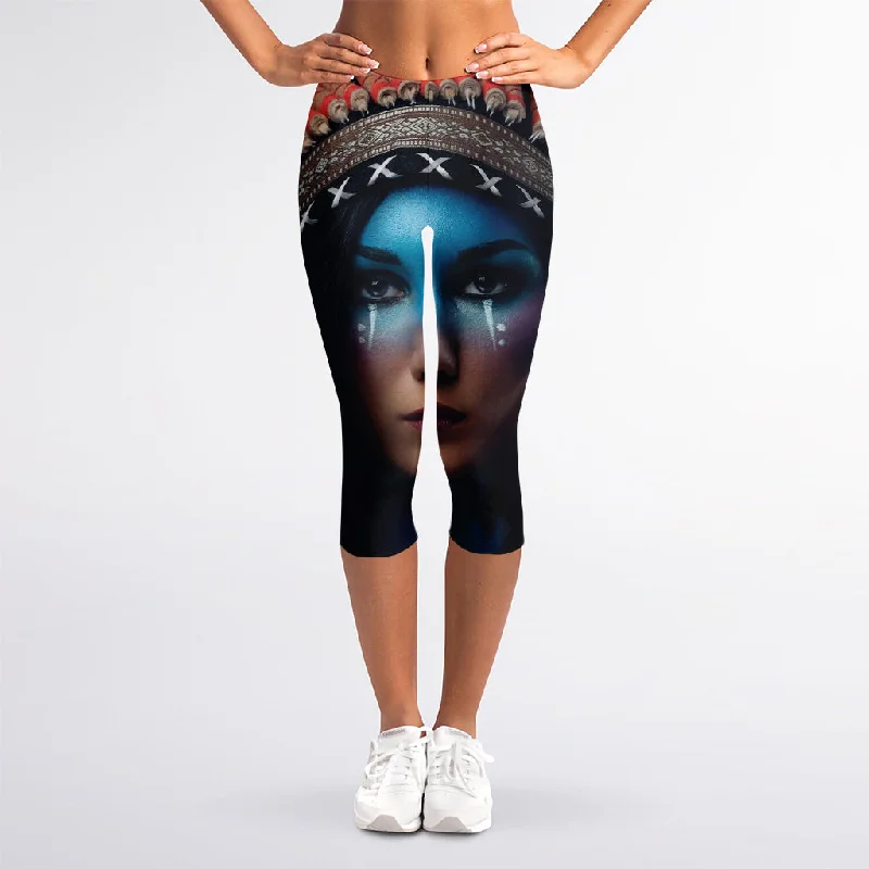 Native Indian Woman Portrait Print Women's Capri Leggings Cozy Sweat-Wicking Leggings