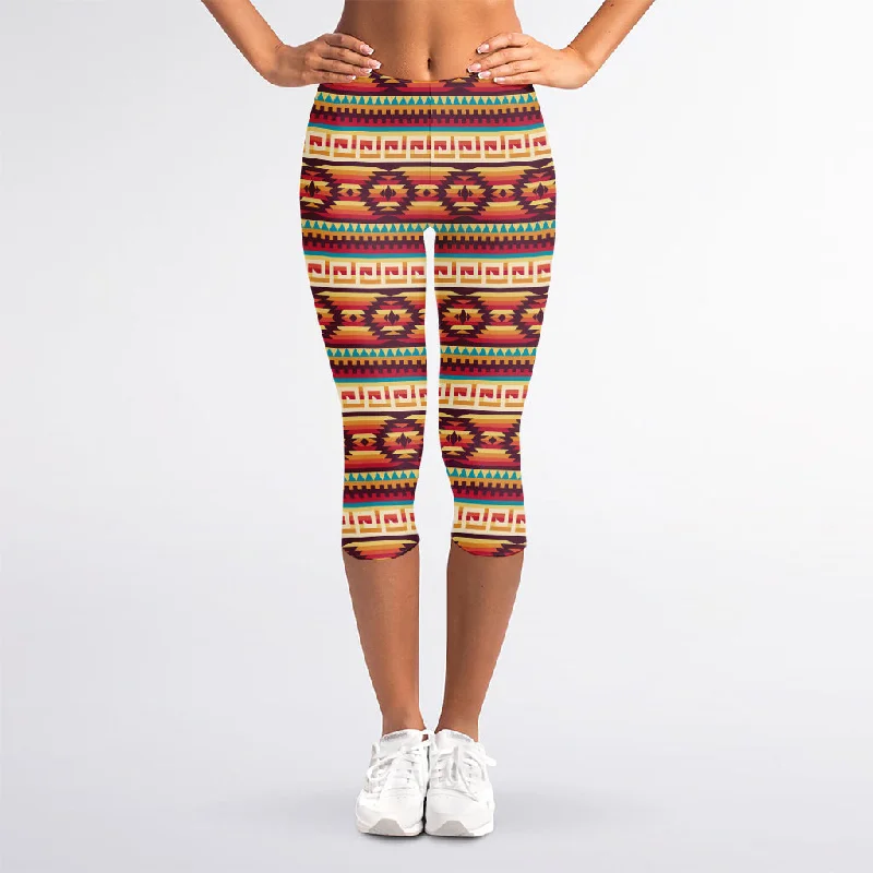 Native Inspired Pattern Print Women's Capri Leggings Comfortable Lounge Leggings