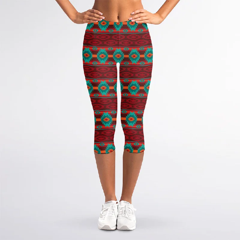 Native Southwestern Pattern Print Women's Capri Leggings Stylish Stretch-Waist Leggings