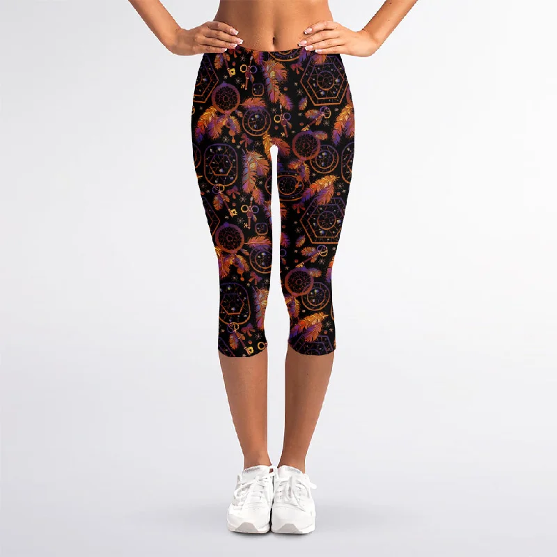 Native Tribal Dream Catcher Print Women's Capri Leggings Cozy Ribbed Leggings