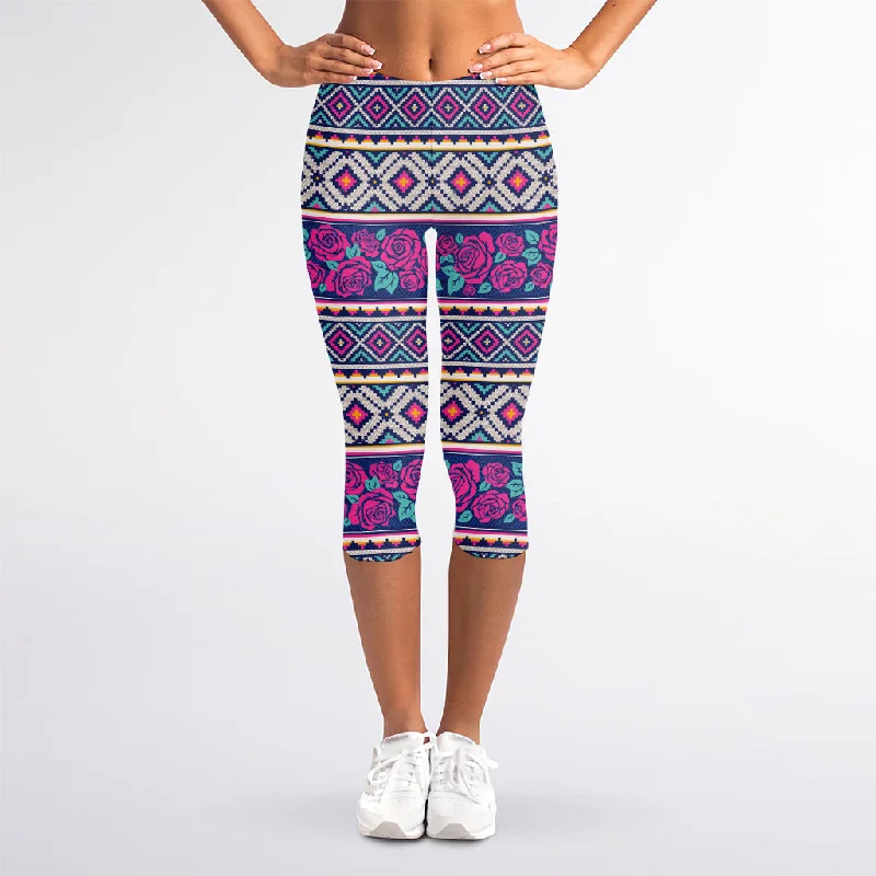 Native Tribal Ethnic Rose Pattern Print Women's Capri Leggings Stylish Printed Stretch Leggings