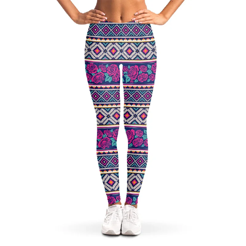 Native Tribal Ethnic Rose Pattern Print Women's Leggings Trendy Sweat-Wicking Workout Leggings