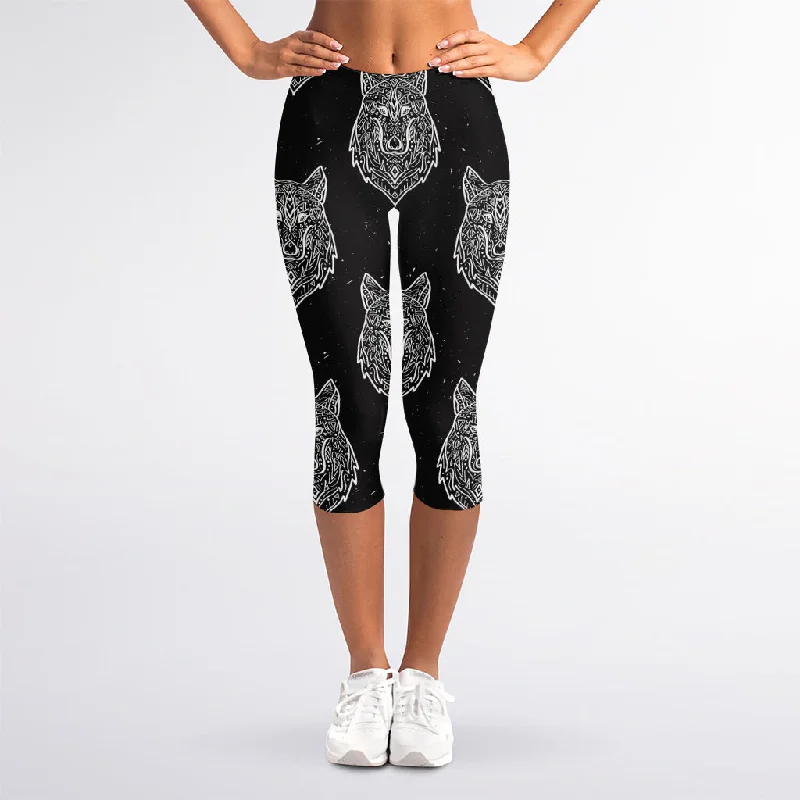 Native Tribal Wolf Pattern Print Women's Capri Leggings Cozy Cotton Leggings