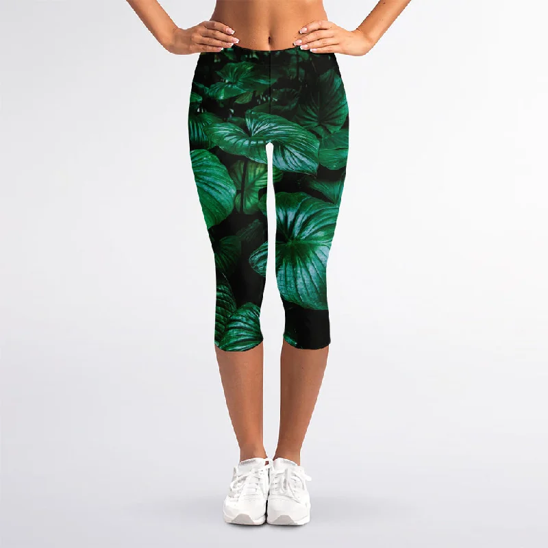 Natural Tropical Leaf Print Women's Capri Leggings Fashionable Leather-Look Leggings