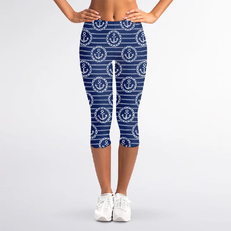 Nautical Anchor Pattern Print Women's Capri Leggings Chic Workout Leggings