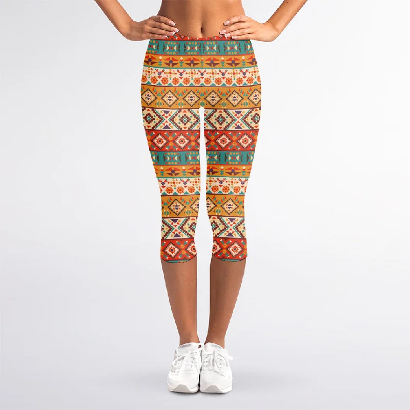 Navajo Native Pattern Print Women's Capri Leggings Fashionable Lacy Detail Leggings