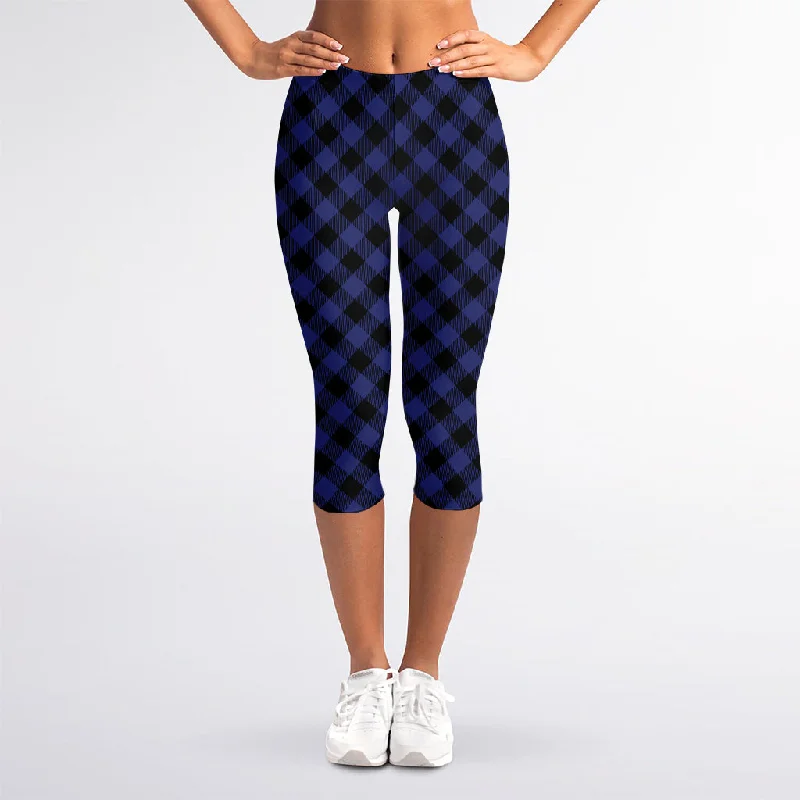 Navy And Black Buffalo Plaid Print Women's Capri Leggings Trendy Full-Length Leggings