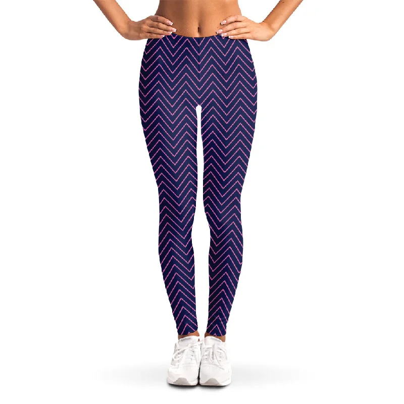 Navy And Pink Zigzag Pattern Print Women's Leggings Trendy Fitness Leggings