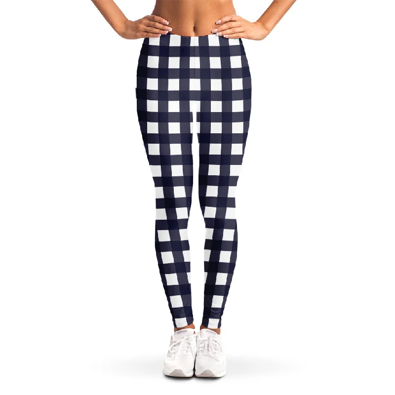 Navy And White Check Pattern Print Women's Leggings Stylish Winter-Ready Leggings