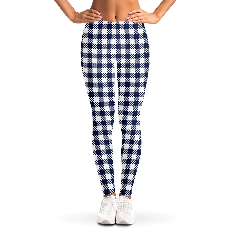 Navy And White Gingham Pattern Print Women's Leggings Cozy Lounge Pants Leggings