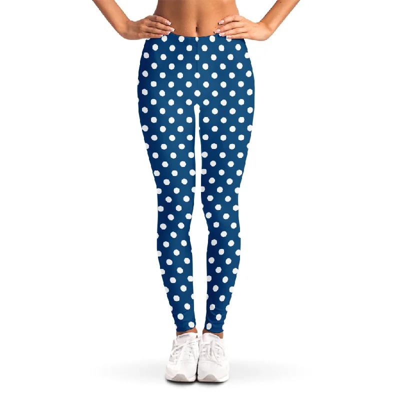 Navy And White Polka Dot Pattern Print Women's Leggings Chic Printed Yoga Pants