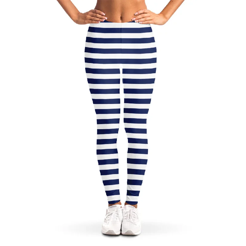 Navy And White Striped Pattern Print Women's Leggings Comfortable Running Leggings