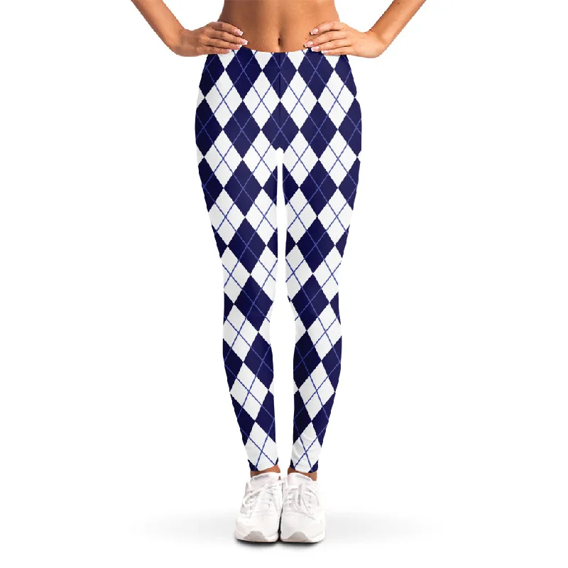 Navy Blue And White Argyle Pattern Print Women's Leggings Fashionable Printed Legging Pants