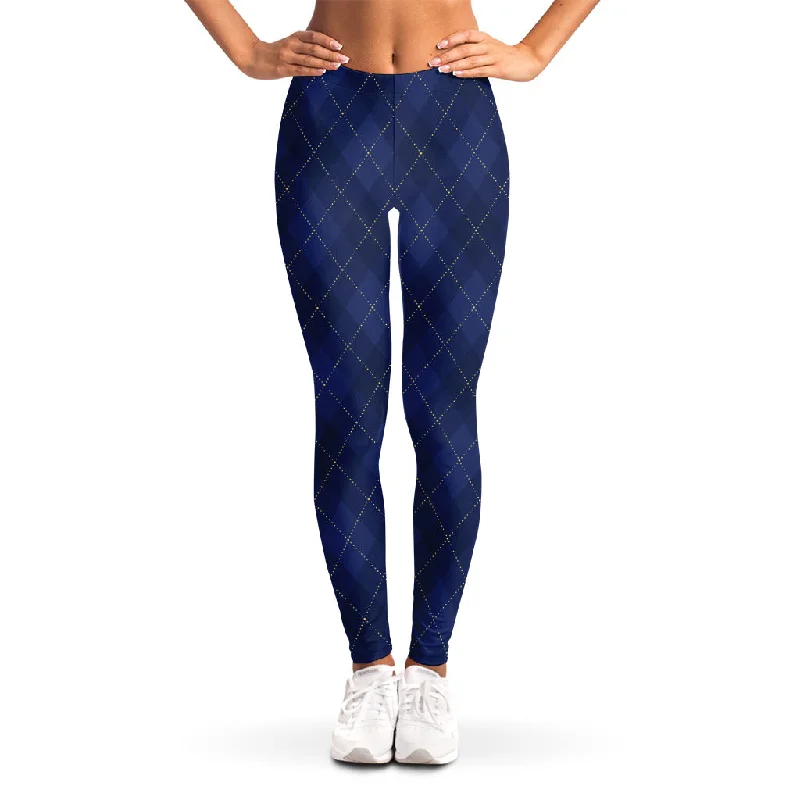 Navy Blue Argyle Pattern Print Women's Leggings Comfortable Power Mesh Leggings