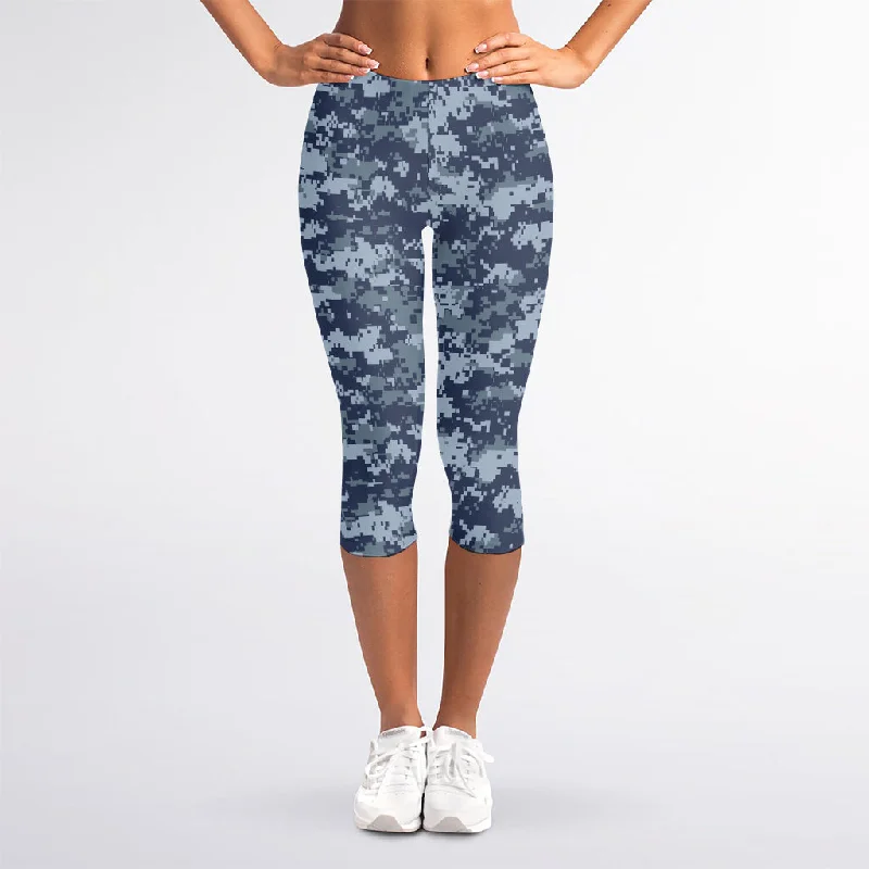 Navy Digital Camo Pattern Print Women's Capri Leggings Cozy Oversized Leggings