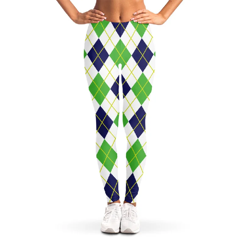 Navy Green And White Argyle Print Women's Leggings Fashionable Quick-Dry Leggings