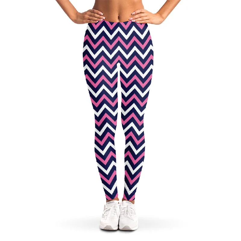 Navy Pink And White Chevron Print Women's Leggings Comfortable Capri-Length Leggings