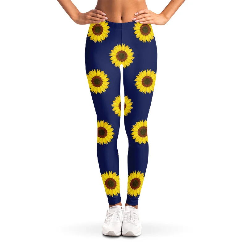 Navy Sunflower Pattern Print Women's Leggings Trendy Tie-Dye Leggings