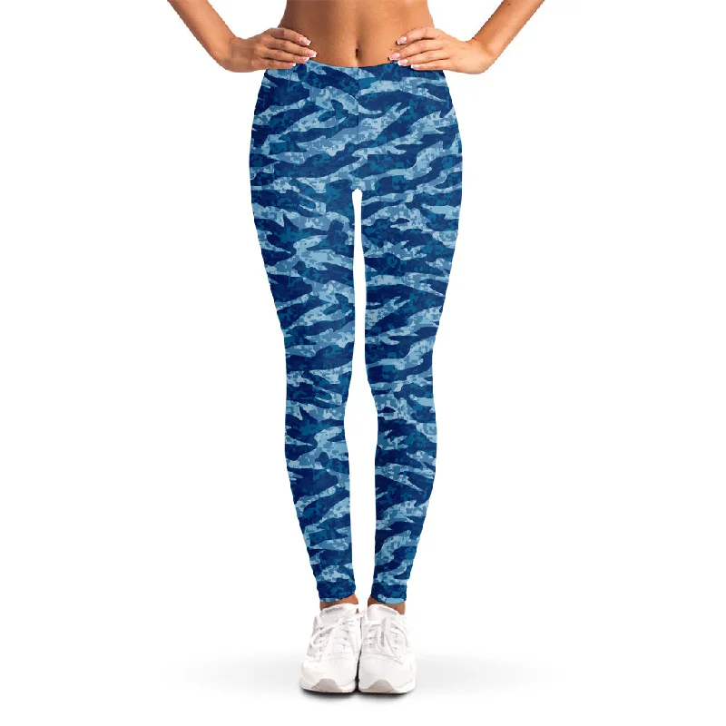 Navy Tiger Stripe Camo Pattern Print Women's Leggings Elegant Stretchy Faux Leather Leggings