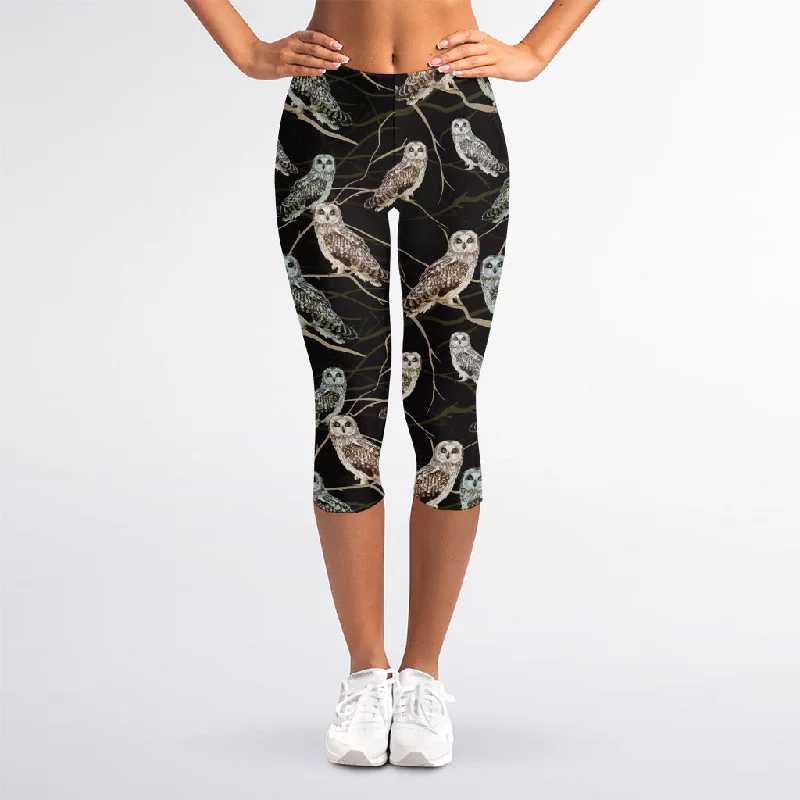 Night Owl Pattern Print Women's Capri Leggings Fashionable Plus-Size Activewear