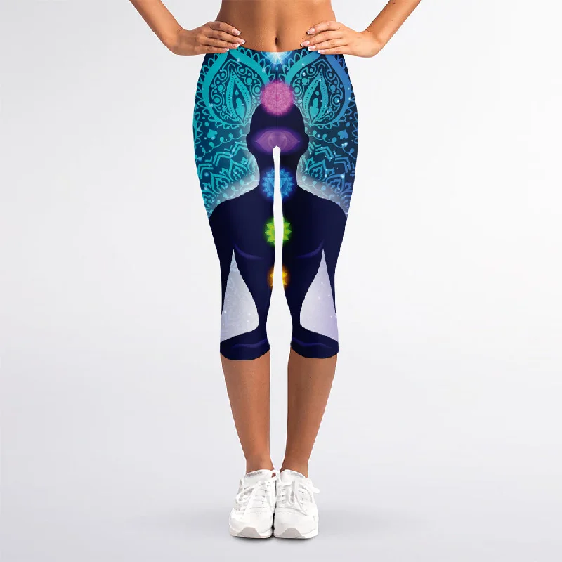 Nine Chakras Aura Print Women's Capri Leggings Chic Printed Yoga Pants