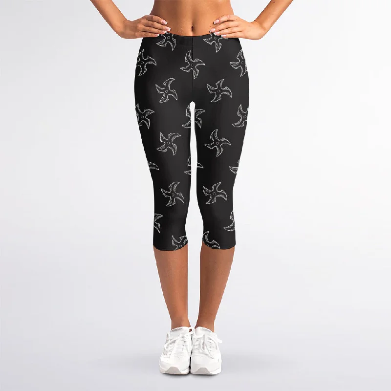 Ninja Shuriken Pattern Print Women's Capri Leggings Trendy Spandex Leggings