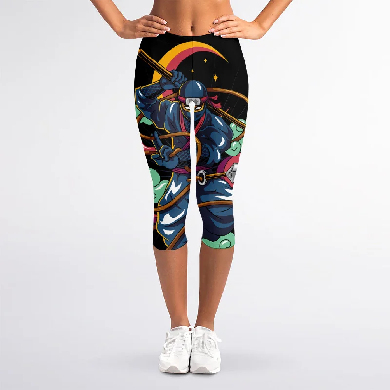 Ninja Warrior Print Women's Capri Leggings Fashionable Solid Color Tights