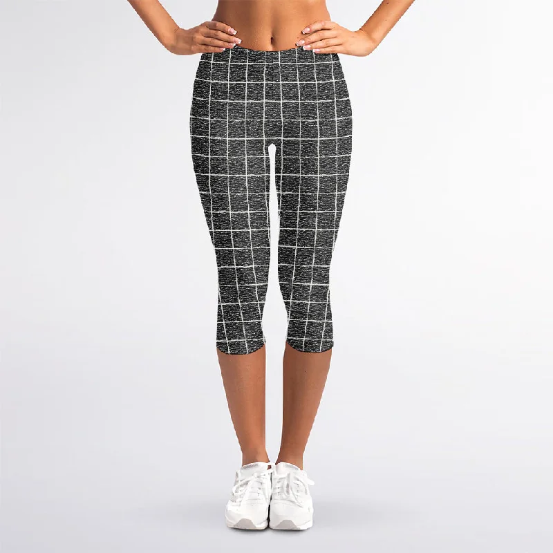 Noisy Windowpane Pattern Print Women's Capri Leggings Elegant Shiny Black Leggings