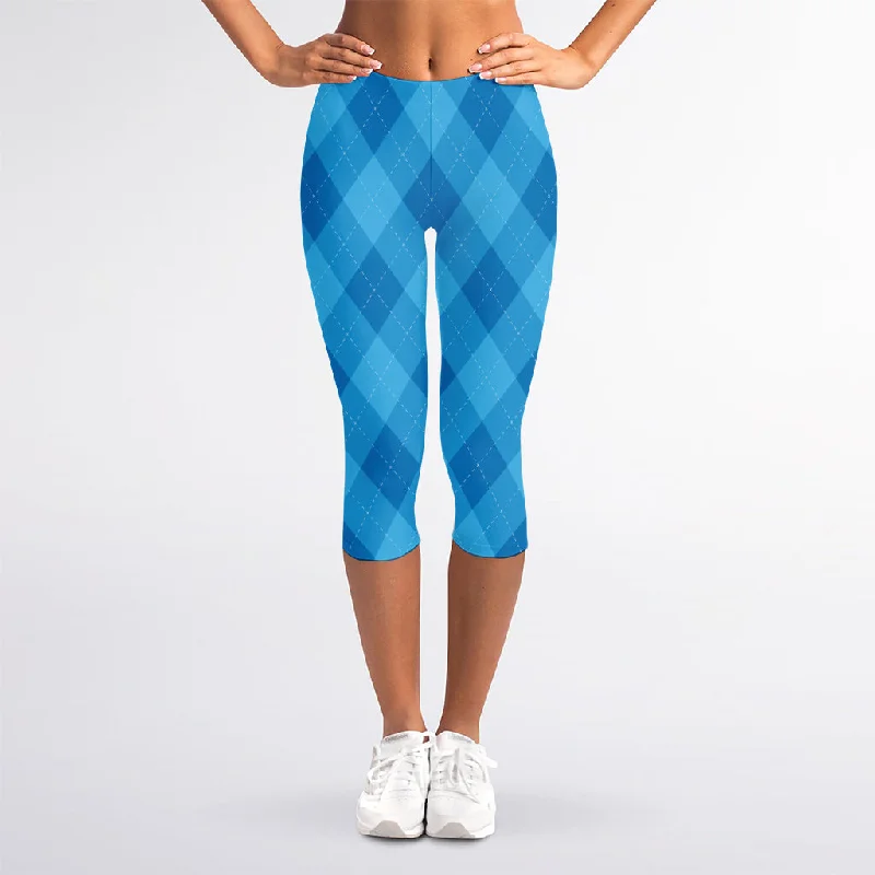 Ocean Blue Argyle Pattern Print Women's Capri Leggings Fashionable Quick-Dry Leggings