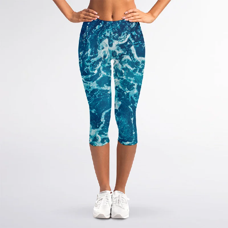 Ocean Surface Print Women's Capri Leggings Fashionable Floral Active Leggings