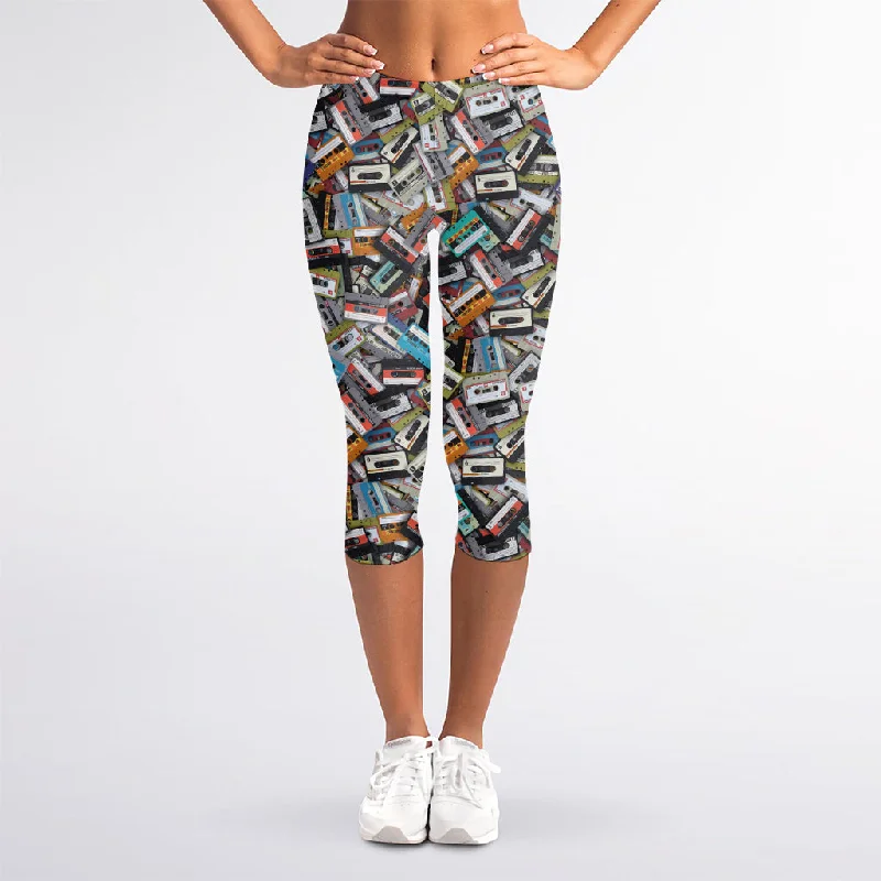 Old Cassette Tape Print Women's Capri Leggings Comfortable Slip-On Leggings