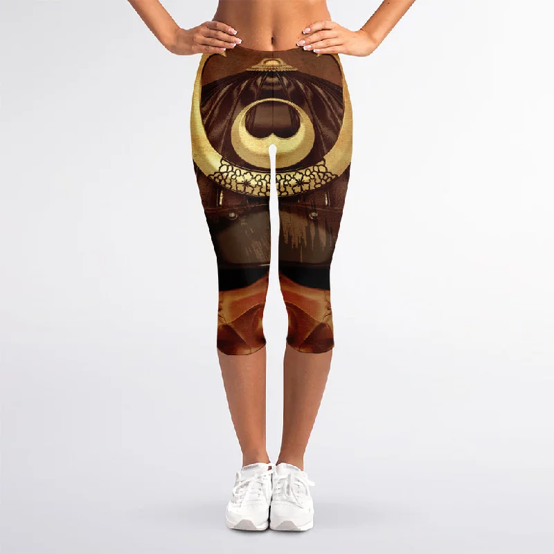 Old Japanese Samurai Mask Print Women's Capri Leggings Trendy Foil Finish Leggings