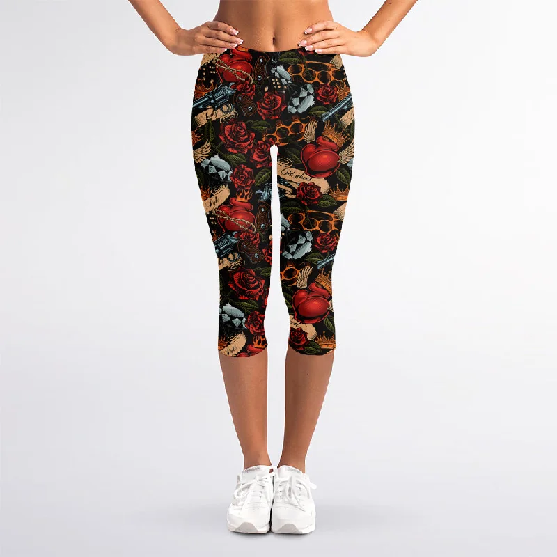 Old School Tattoo Print Women's Capri Leggings Comfortable Yoga Tights Leggings