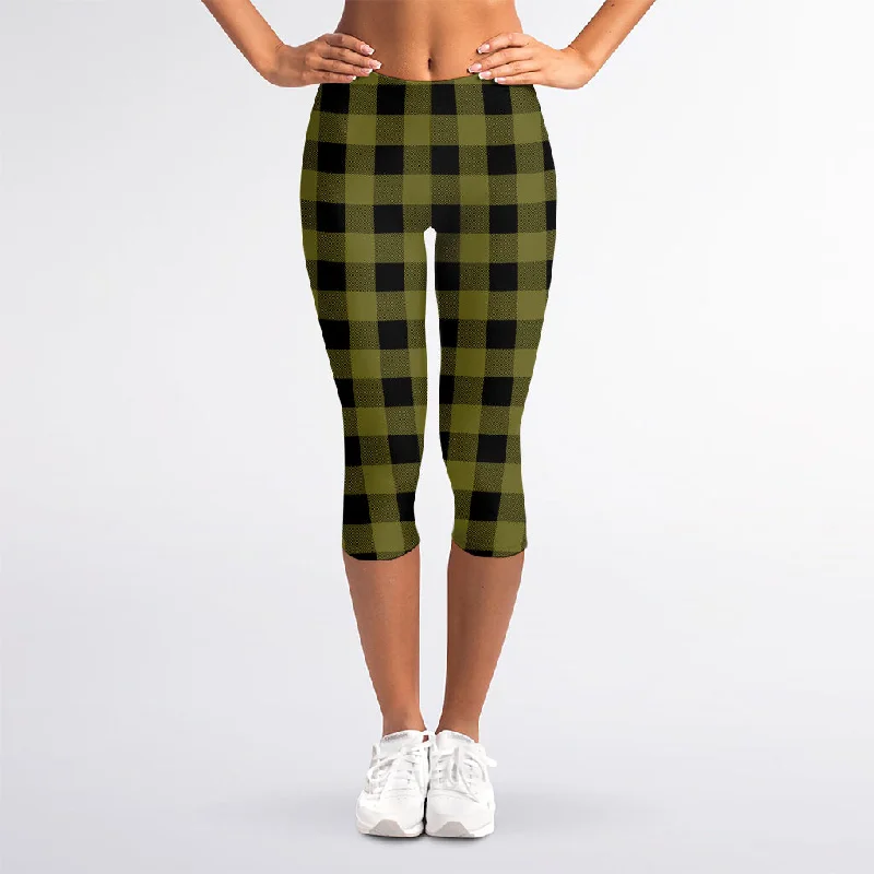 Olive Green Buffalo Check Pattern Print Women's Capri Leggings Cozy Warmth Leggings