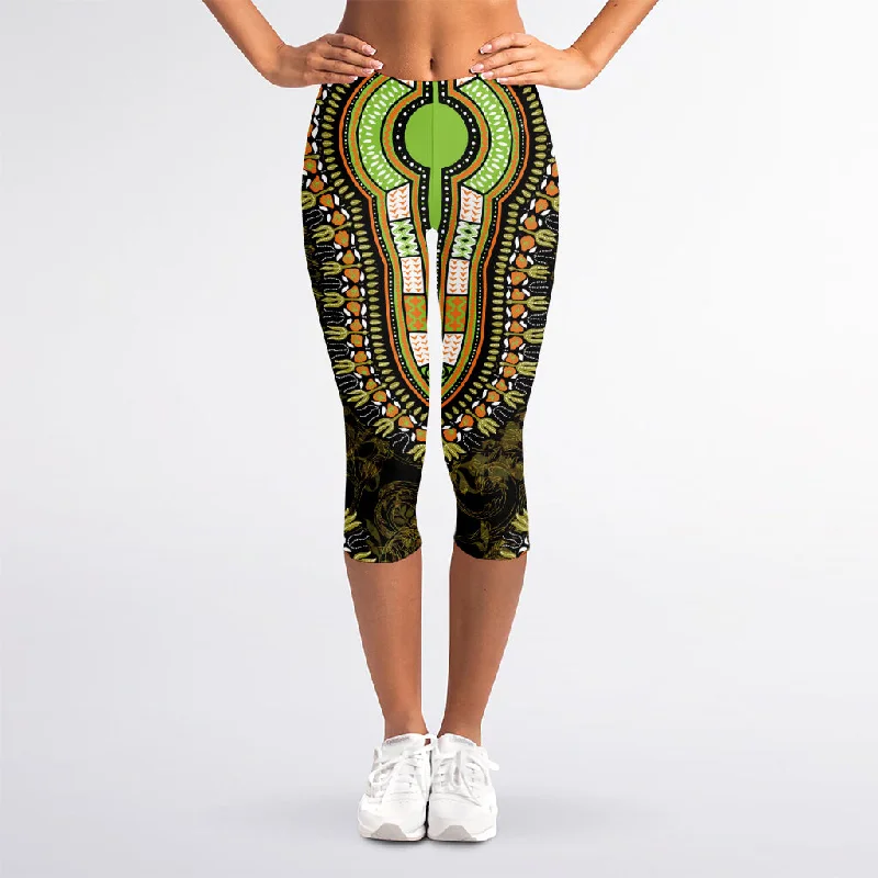 Orange And Black African Dashiki Print Women's Capri Leggings Trendy Foil Finish Leggings