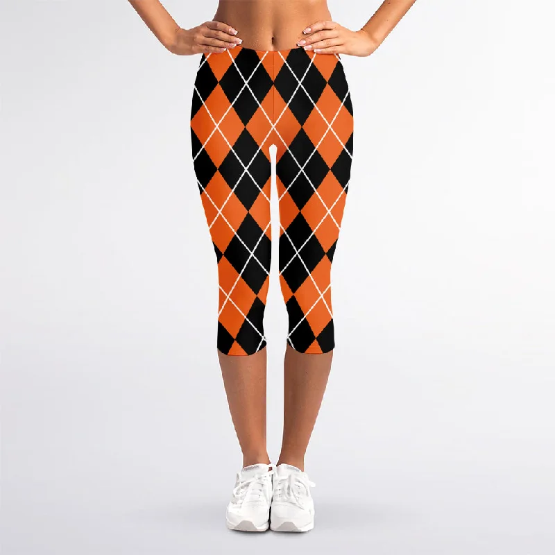 Orange And Black Argyle Print Women's Capri Leggings Elegant Stretchy Faux Leather Leggings