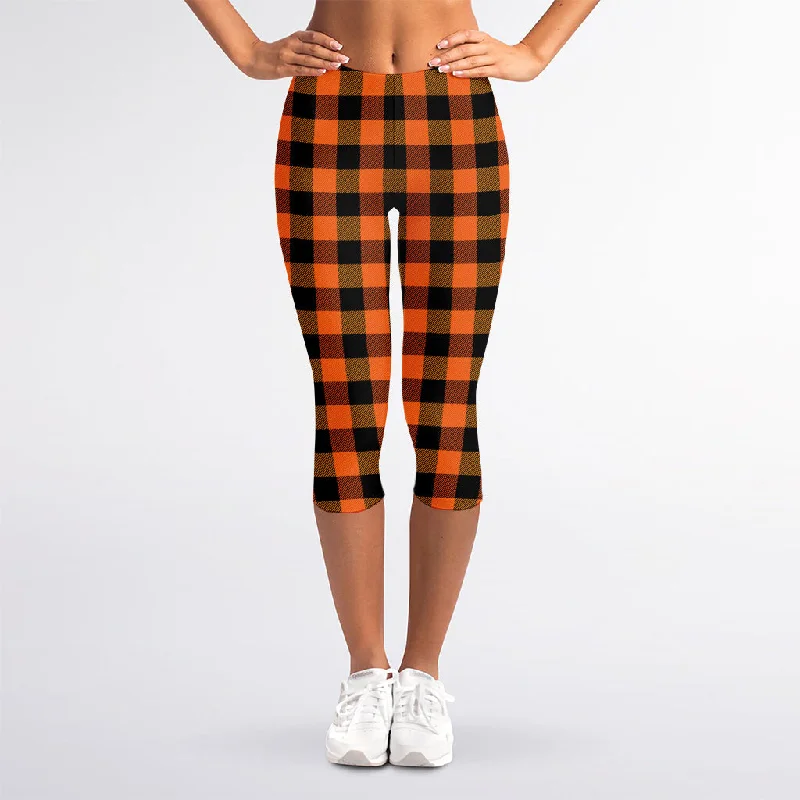 Orange And Black Buffalo Check Print Women's Capri Leggings Trendy Side-Pocket Leggings