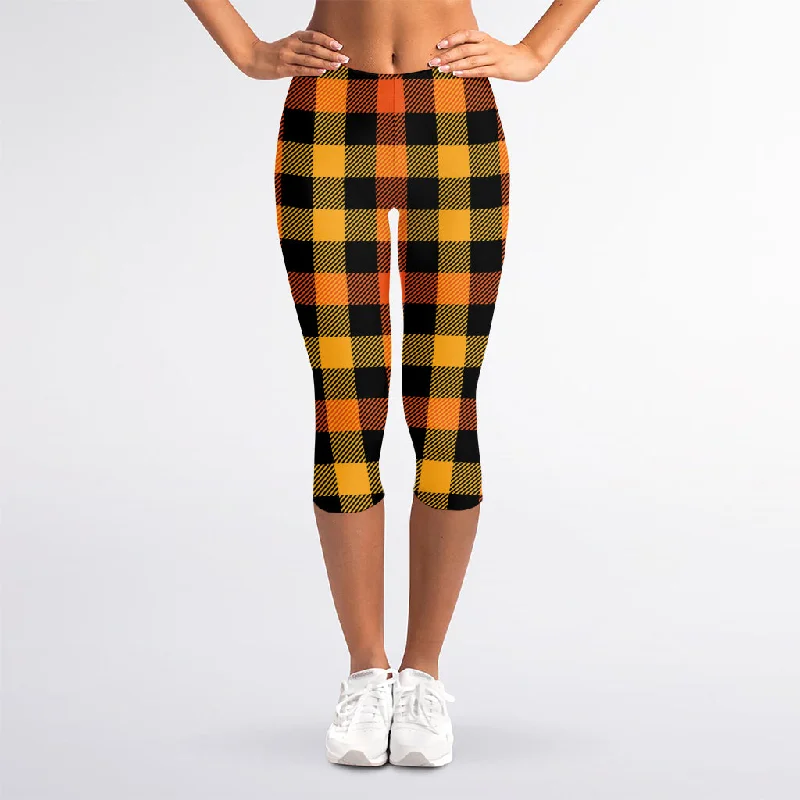 Orange And Black Buffalo Plaid Print Women's Capri Leggings Cozy Full-Length Workout Leggings