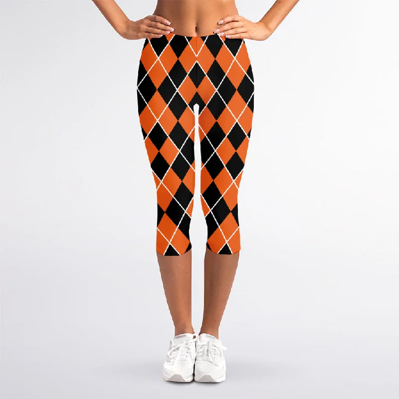 Orange And Black Halloween Argyle Print Women's Capri Leggings Casual Black Leggings