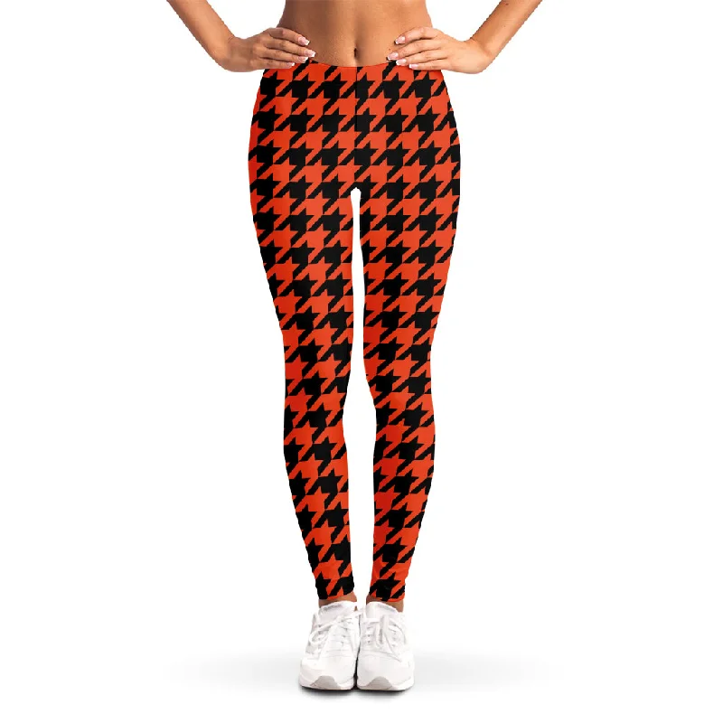 Orange And Black Houndstooth Print Women's Leggings Stylish Everyday Leggings