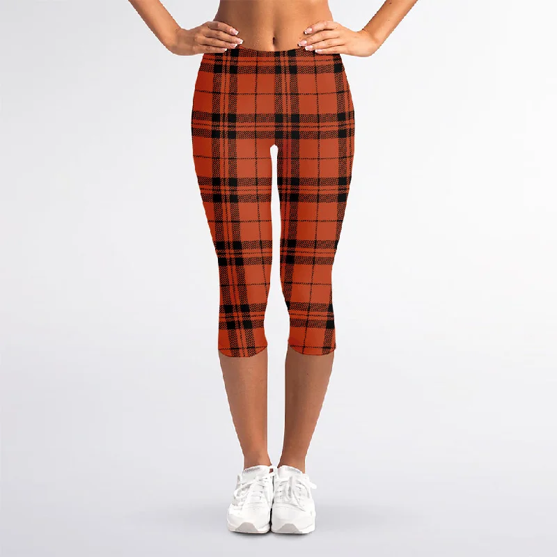 Orange And Black Tartan Pattern Print Women's Capri Leggings Trendy Color Block Leggings