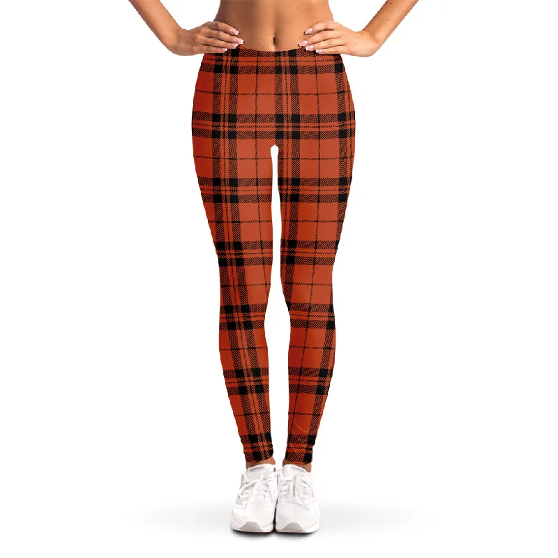 Orange And Black Tartan Pattern Print Women's Leggings Stylish Stretch Print Leggings