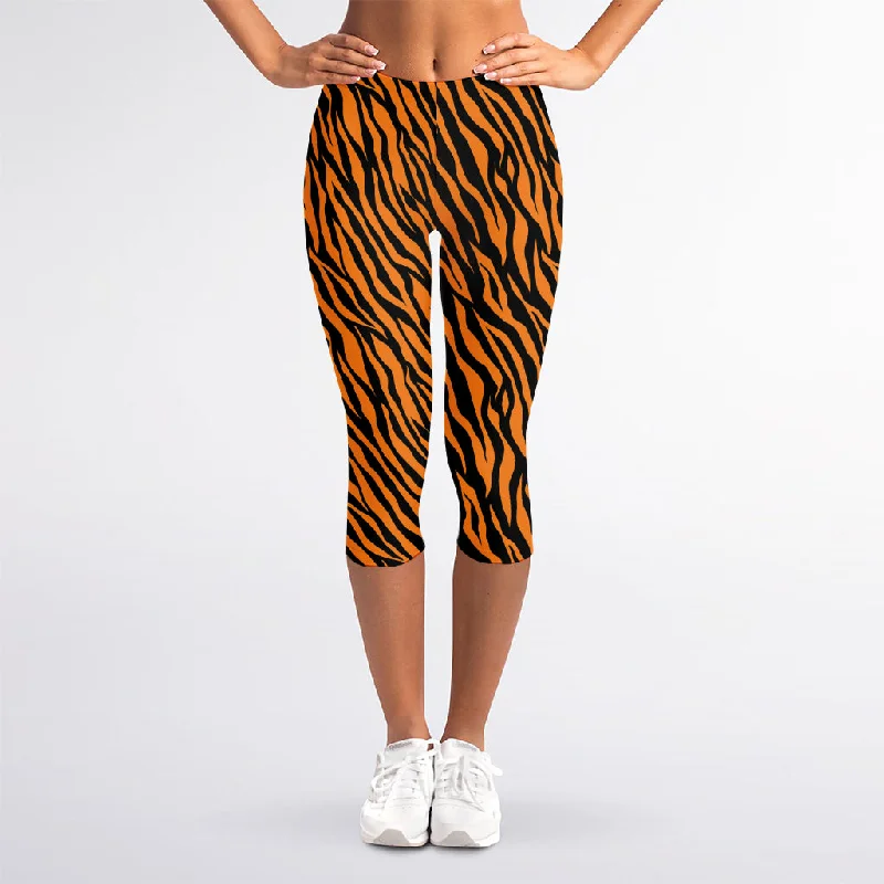 Orange And Black Tiger Stripe Print Women's Capri Leggings Fashionable Sports Leggings