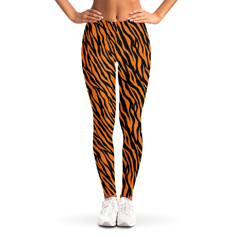 Orange And Black Tiger Stripe Print Women's Leggings Comfortable Slim Fit Leggings