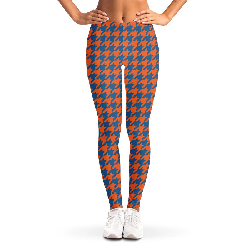 Orange And Blue Houndstooth Print Women's Leggings Elegant Shiny Black Leggings