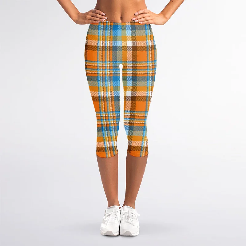 Orange And Blue Madras Pattern Print Women's Capri Leggings Stylish Faux Leather Leggings